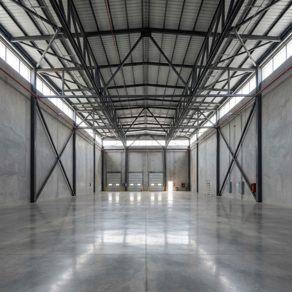 Interior de galpón industrial con estructura metálica