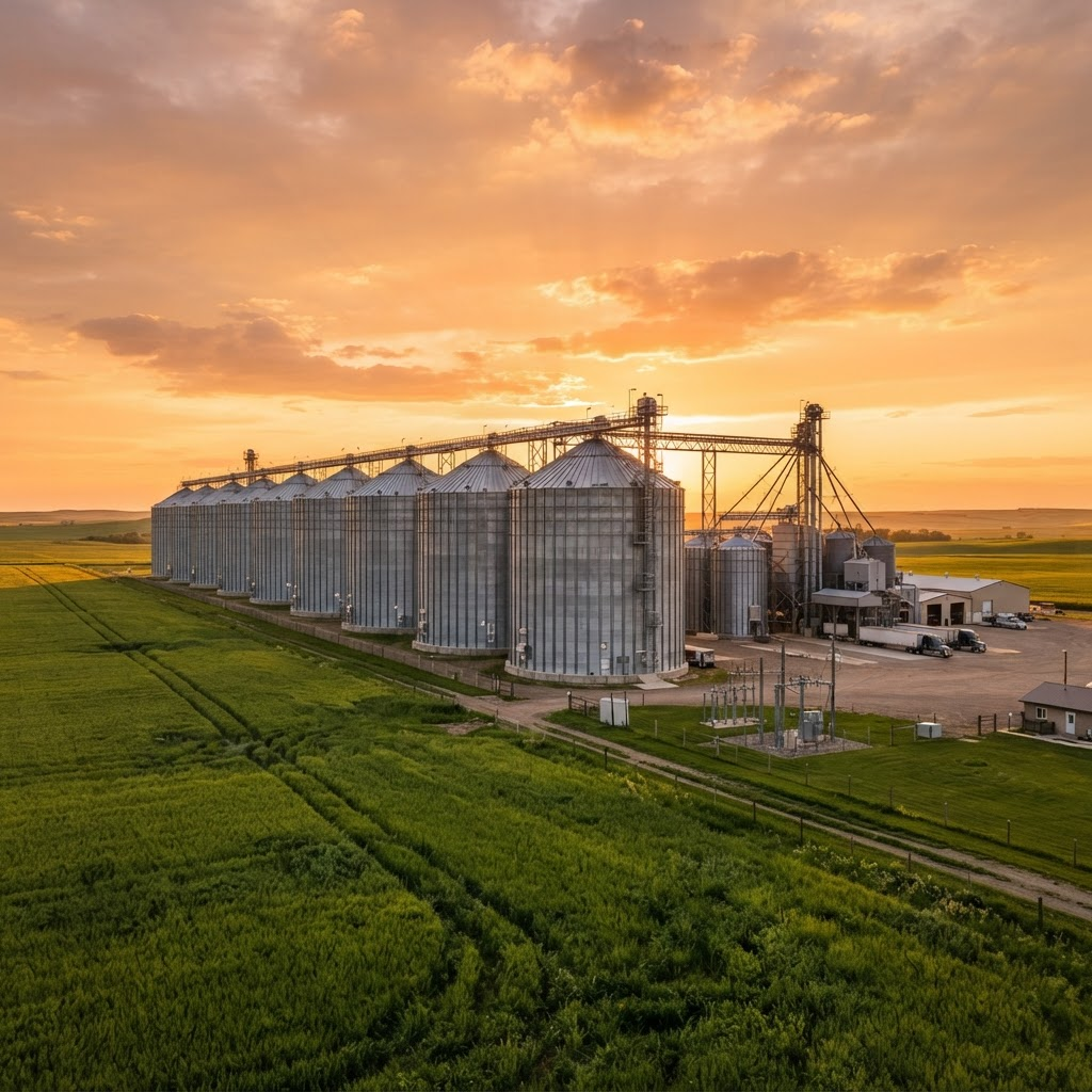 Silos metálicos al atardecer