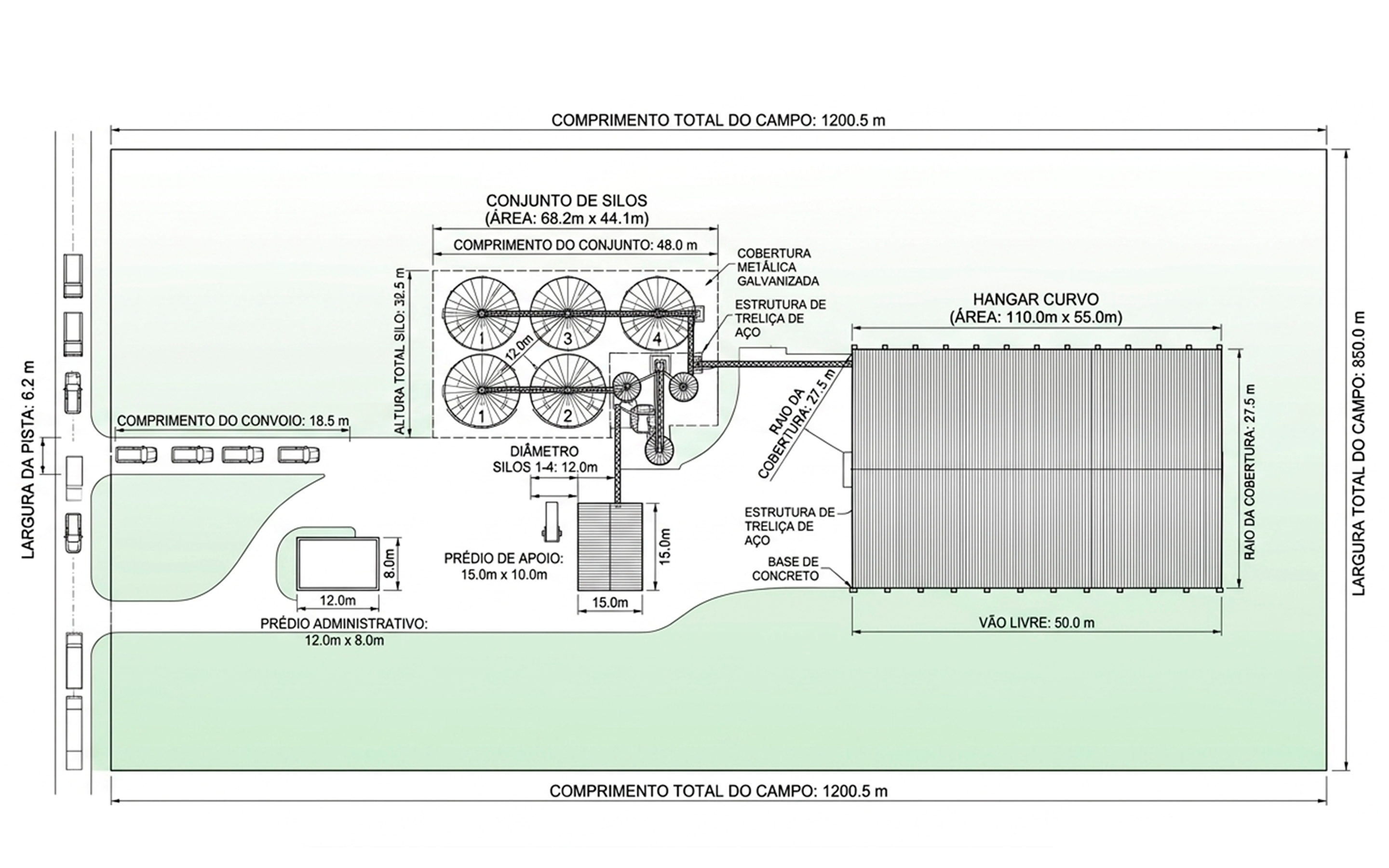 Implantación con conjunto de silos y hangar curvo