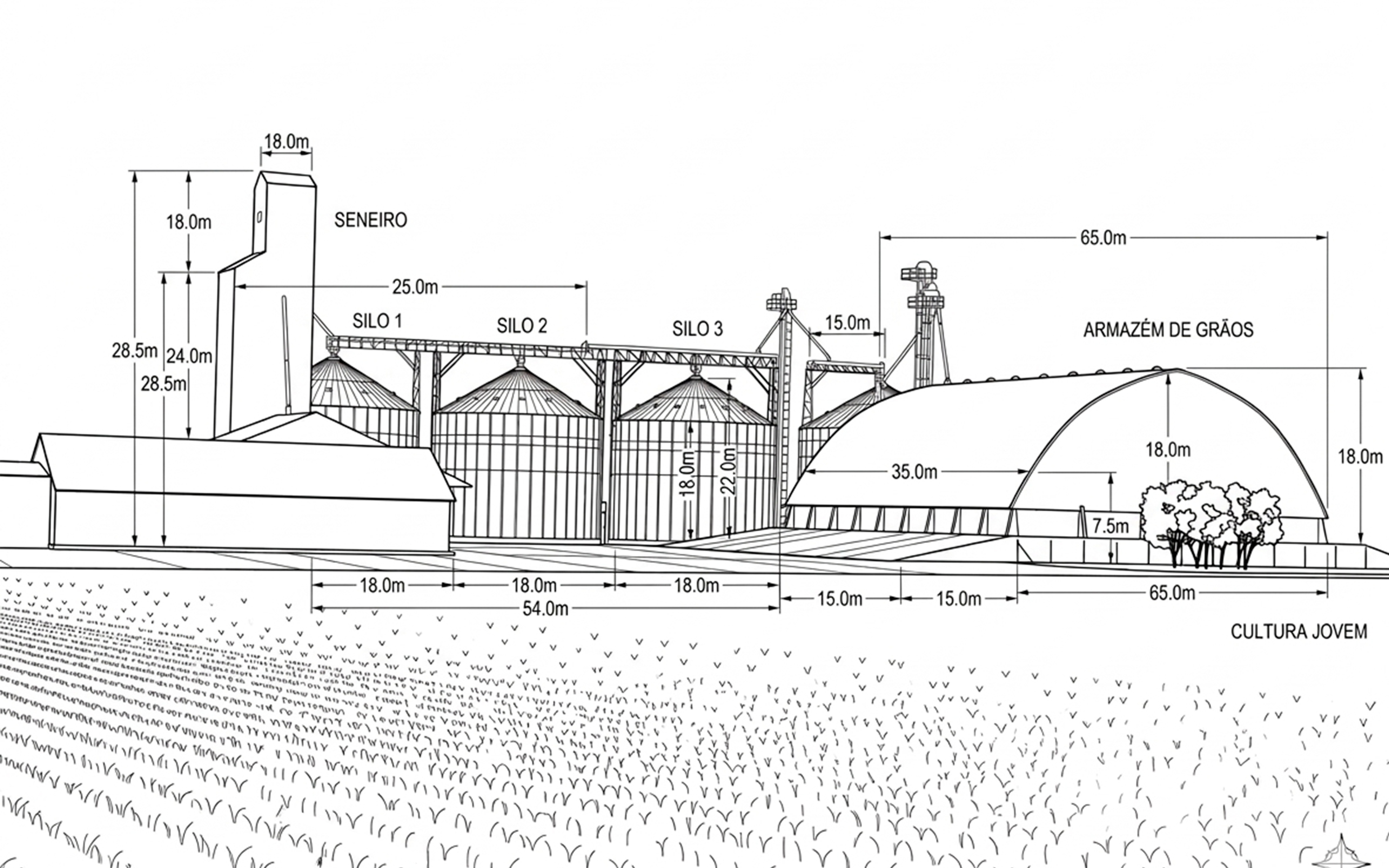 Elevación de silos y almacén de granos sobre cultivo