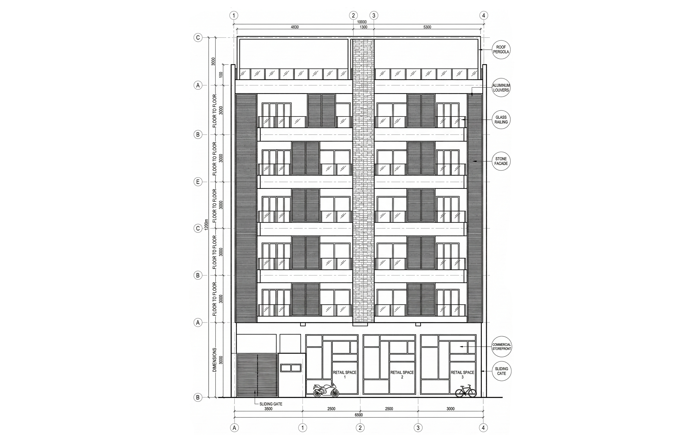 Elevación de fachada de edificio con locales comerciales