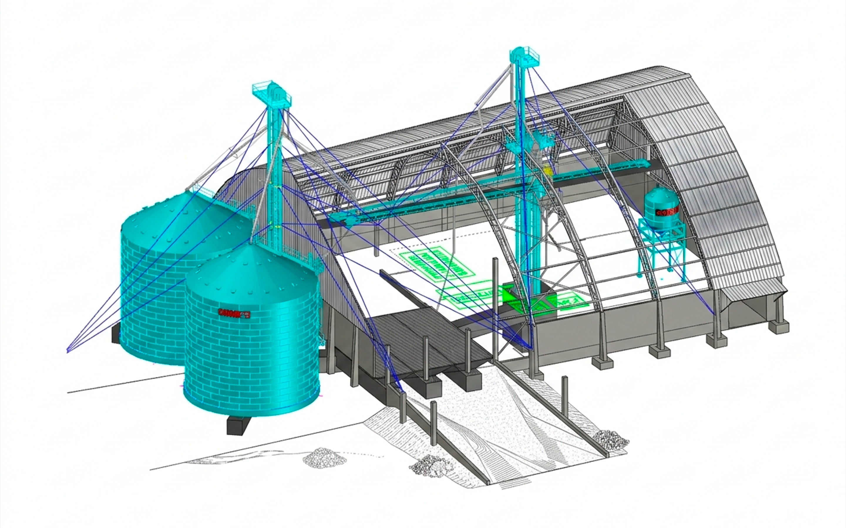 Modelo BIM 3D de hangar curvo con silos integrados