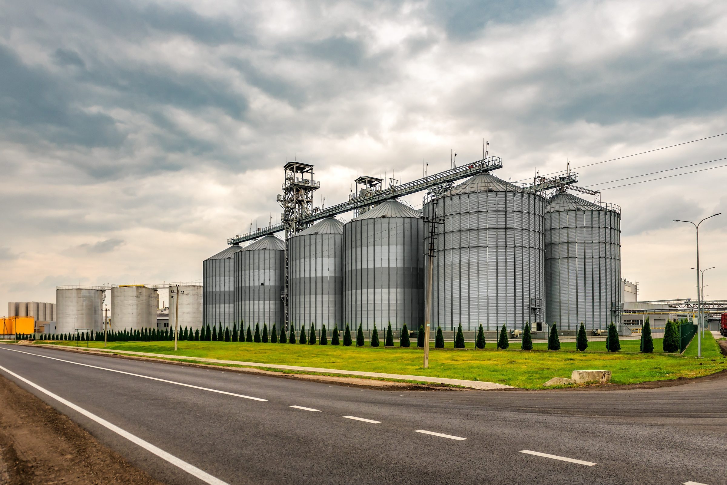 Grain storage silos in daylight