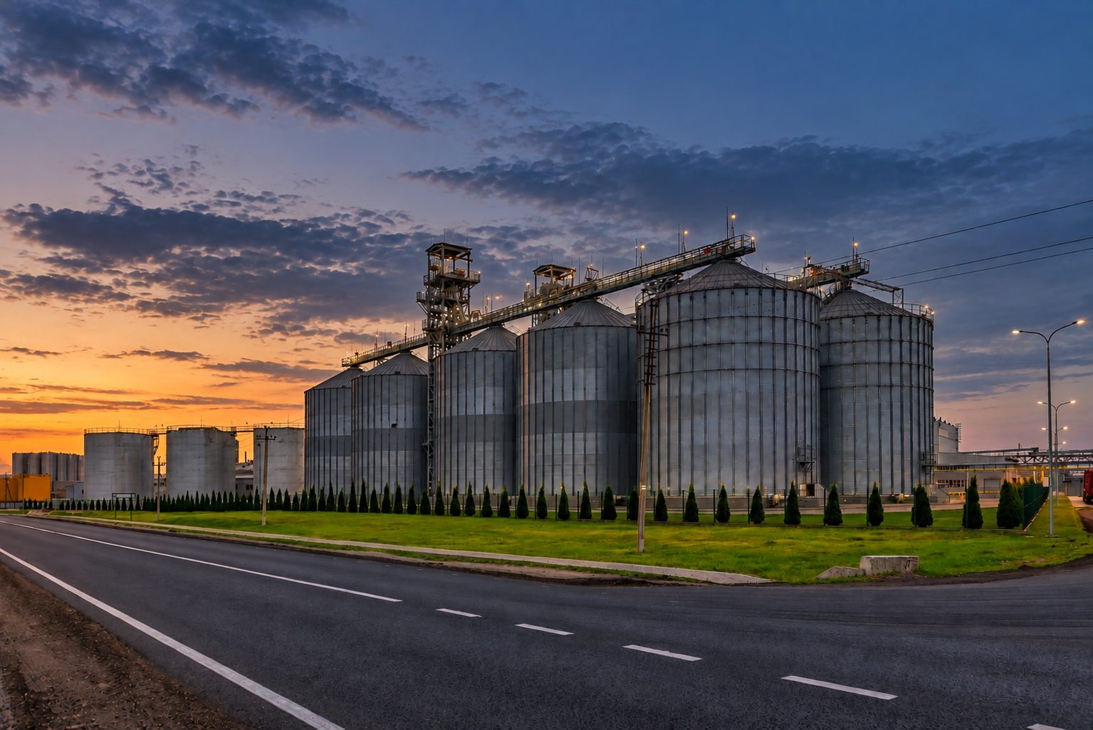Grain storage silos at dusk