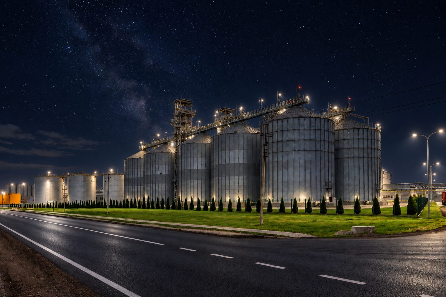 Grain storage silos at night