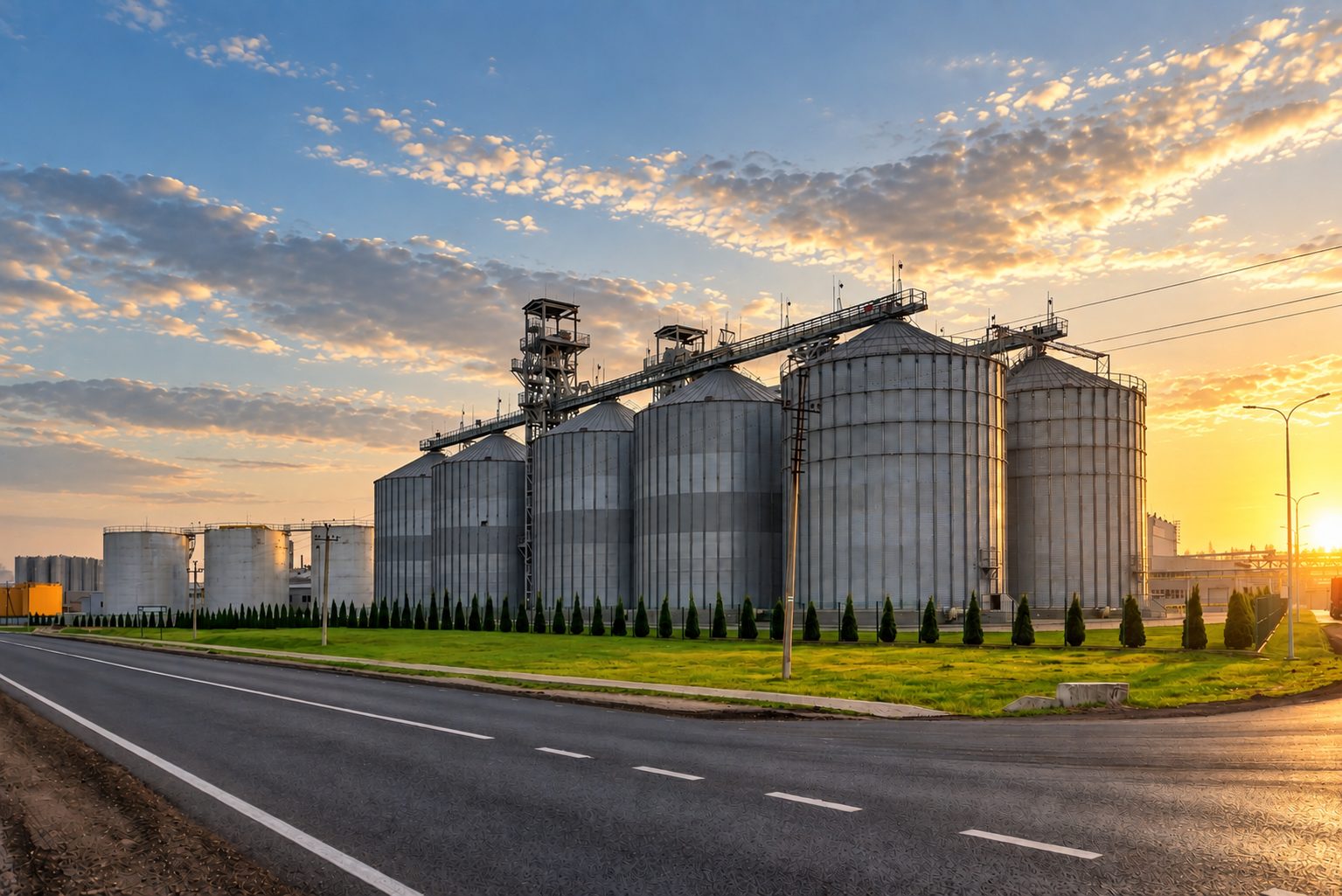 Grain storage silos at sunrise